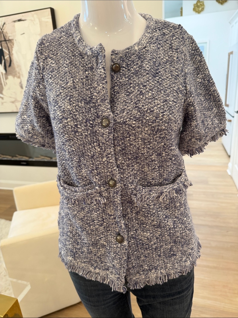 Denim&Co Heathered Blue Button Front Sweater Short-Sleeve Jacket